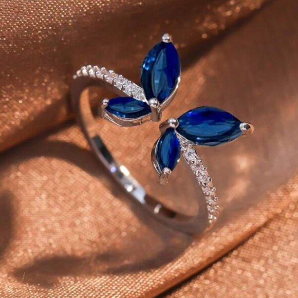 Sterling Silver 925 Blue Sapphire Butterfly Ring - Size 6.5 - Picture 1 of 1